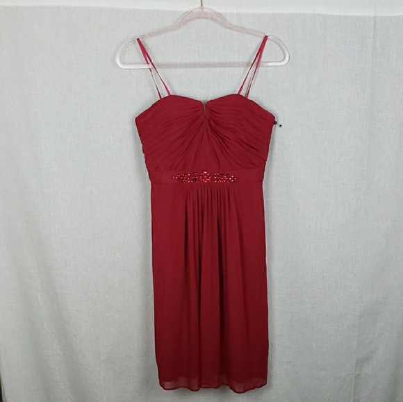 Adrianna Papell Dresses & Skirts - Adrianna Papell Cherry Red Dress 6‎ Strapless Ruched Empire Babydoll Beaded Prom